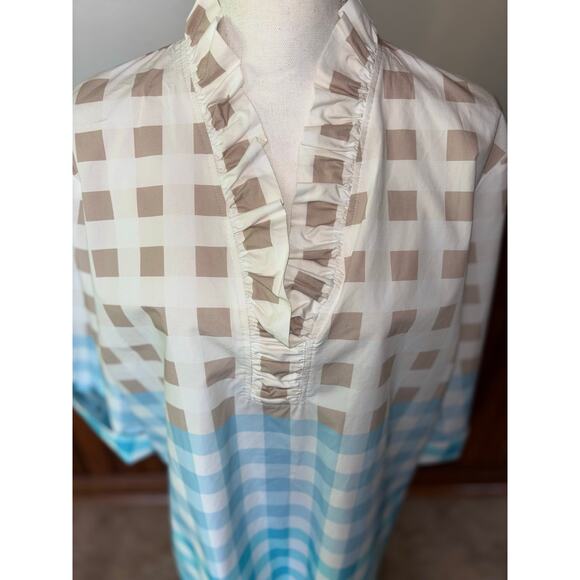 Womens Ming Wang Ruffled Cotton Gingham Blouse Blue‎ Tan 3/4 Sleeve Size XL - Picture 4 of 8